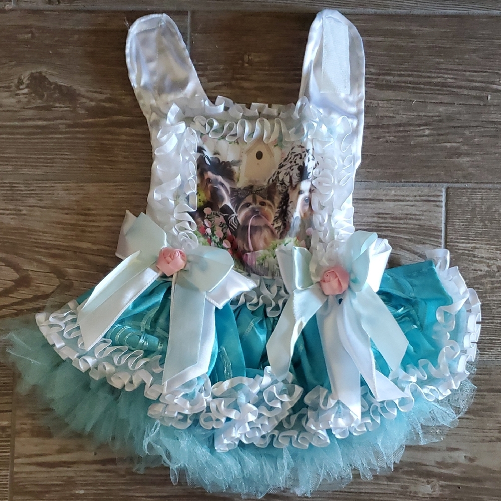 Homemade Elegant White and Blue Dog Dress with Floral Print, Sz XSmall to Small